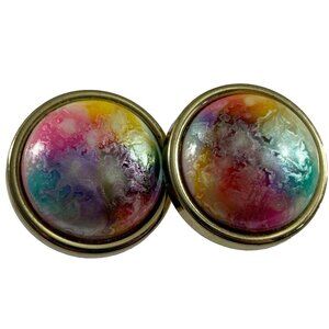 Large Round Dome Earrings Rainbow Marble Swirl Retro Style Gold Tone Plastic